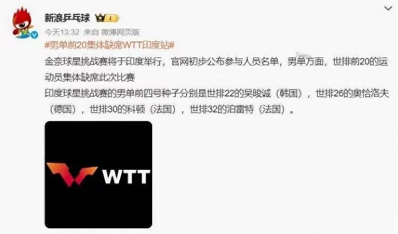 印度最新消息，WTT印度金奈站因卫生争议，男单前20全部缺席、国乒不参赛，这就对