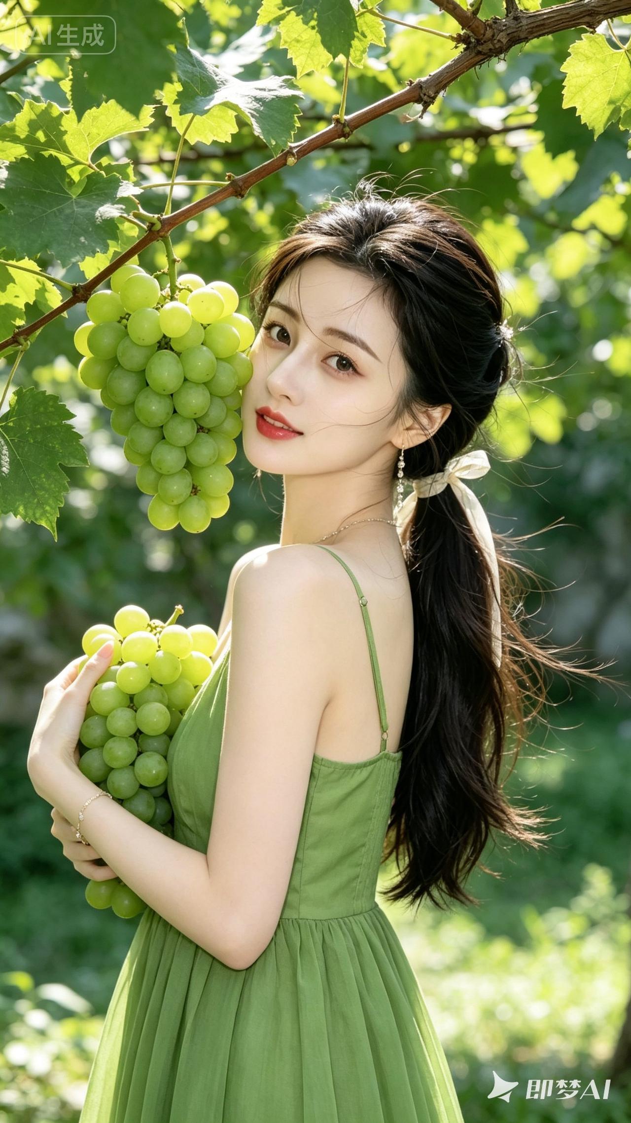夏日清新，绿裙少女与葡萄的浪漫邂逅🍇🌿