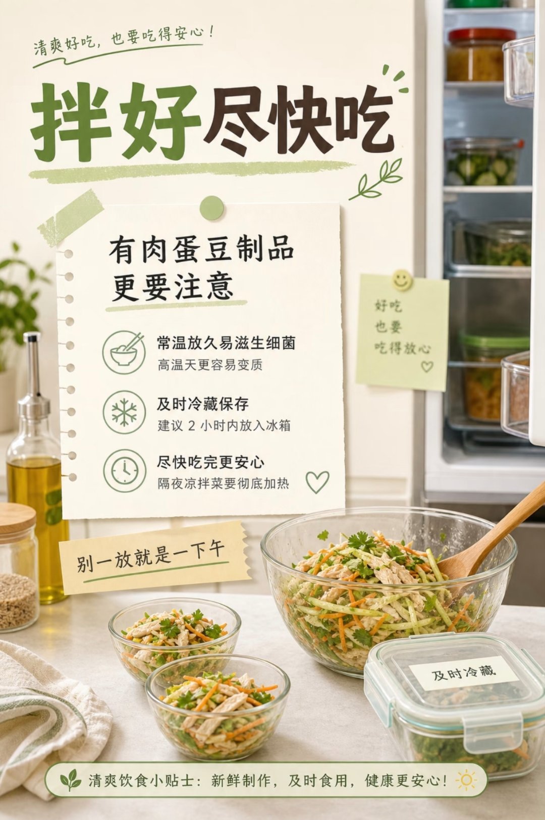 凉拌菜室温存放不要超过4小时夏天吃凉拌菜的6个提醒凉拌菜安心法则   制作环节：
