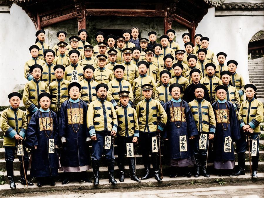 清末，湖北新军将弁与地方大员的合影，是辛亥革命前夕武昌军政核心的珍贵群像。
前排