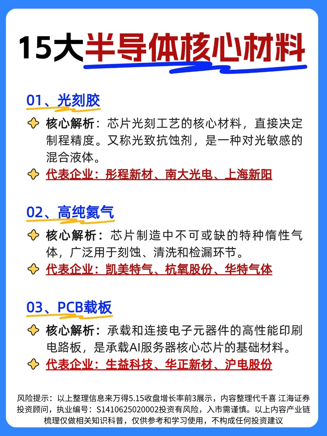 ☀️15大半导体核心材料（供参考）