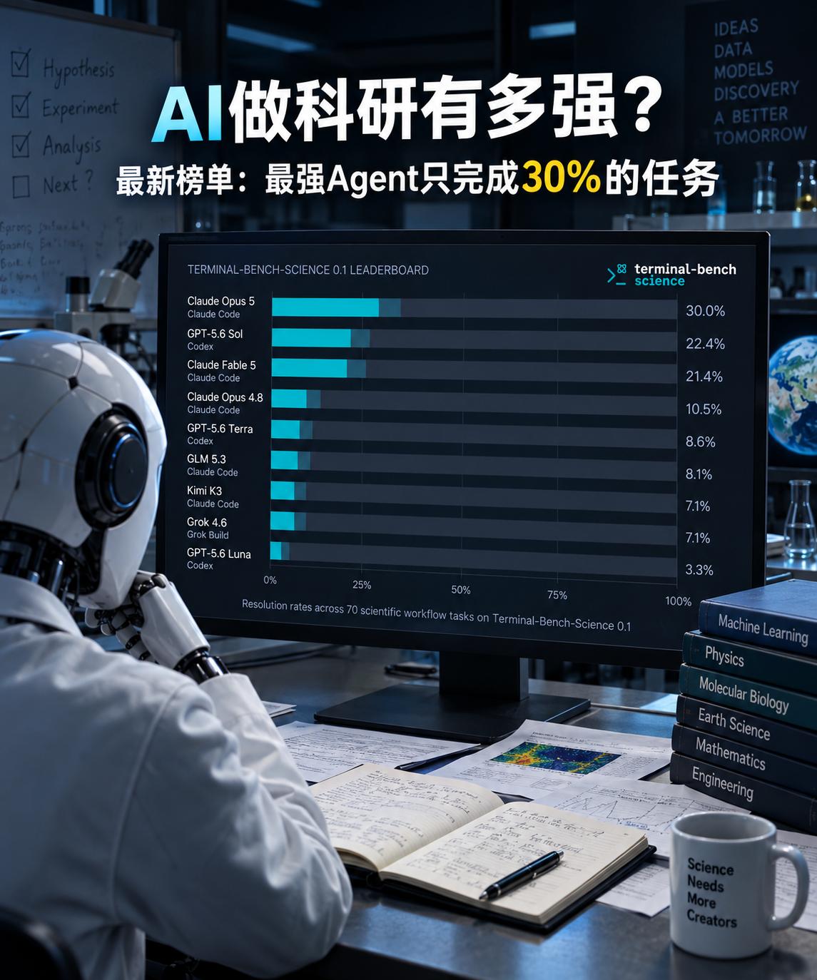 AI会做题，却还不太会科研，最强Agent只完成30%的真实科研任务
AI在数学