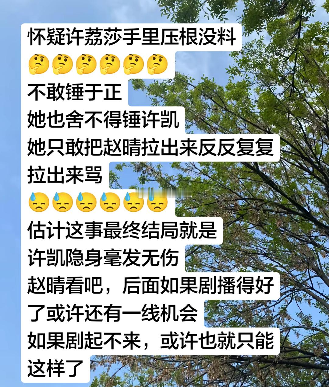 许荔莎给许凯粉丝送祝福怀疑许荔莎手里压根没料，不敢锤于正她也舍不得锤许凯，她只敢