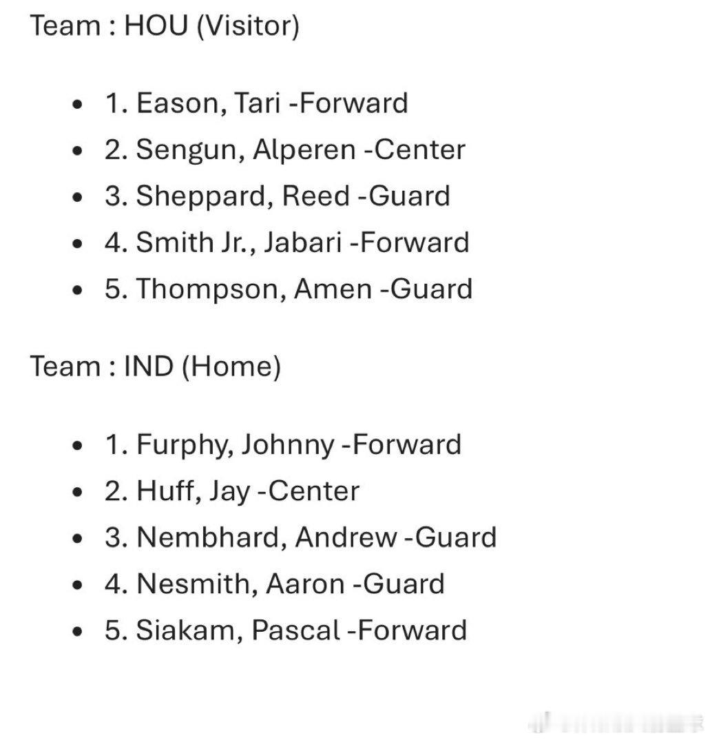 火箭vs步行者 首发出炉：球队：休斯顿火箭（客队）1. 塔里·伊森 - 前锋2.