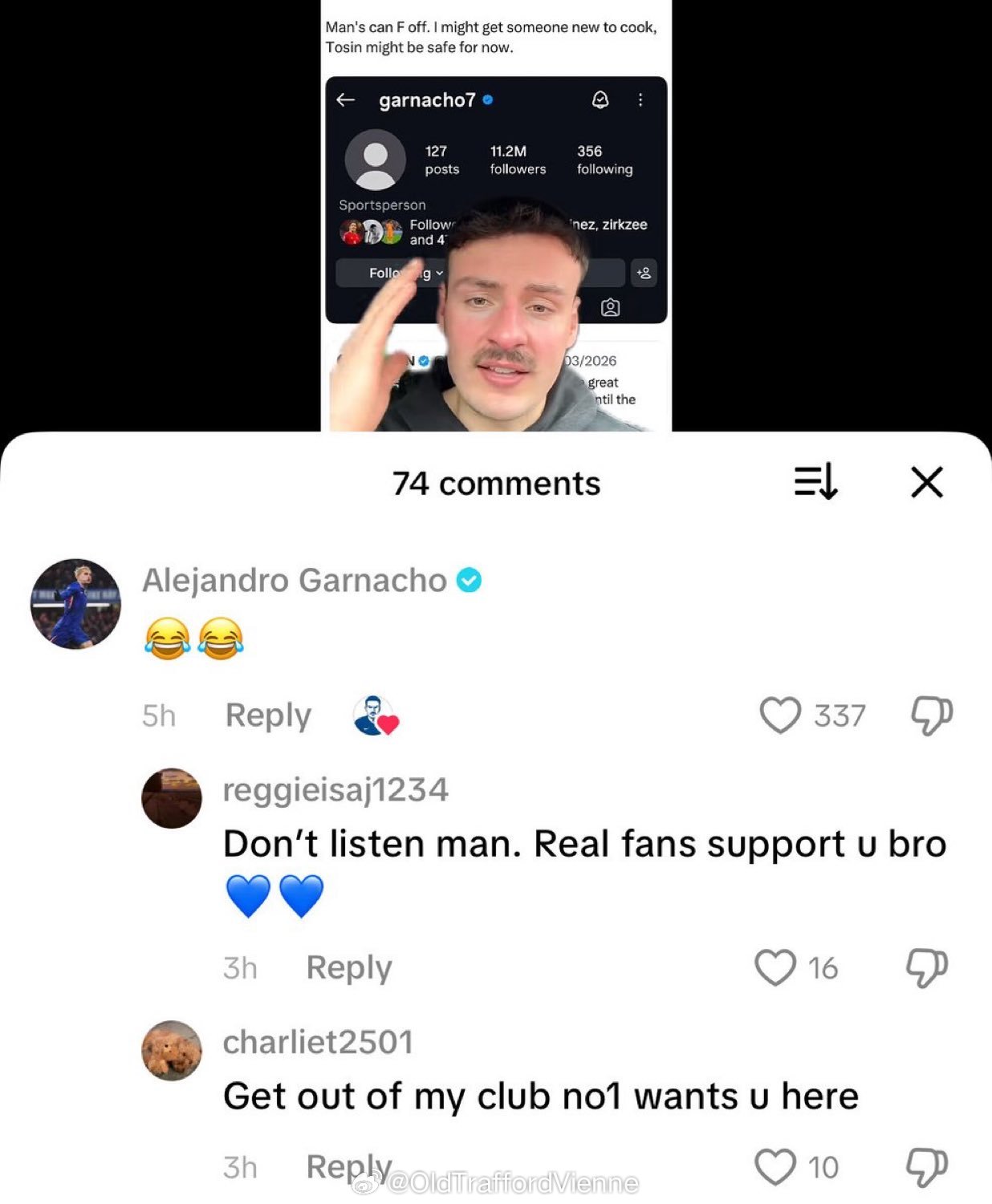 切尔西球迷做视频谈论加纳乔去掉头像和俱乐部属性，并且谴责加纳乔和他兄弟泄露俱乐部