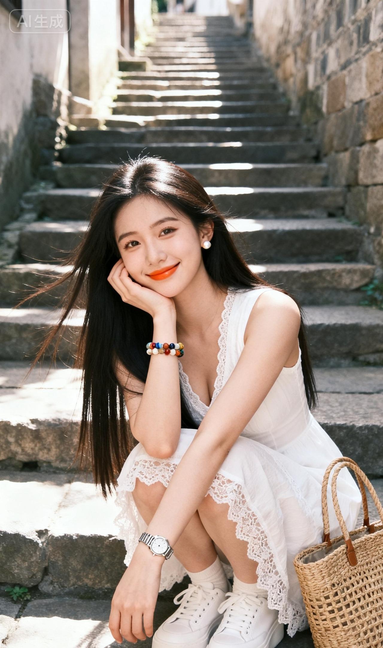 阳光下的少女，甜美微笑，白色蕾丝裙，复古石阶，清新自然。白裙少女风 素净少女照 