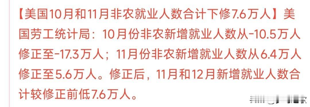 美国非农数据大幅修正，美联储降息概率暴涨
10月和11月的美国新增非农就业人口大