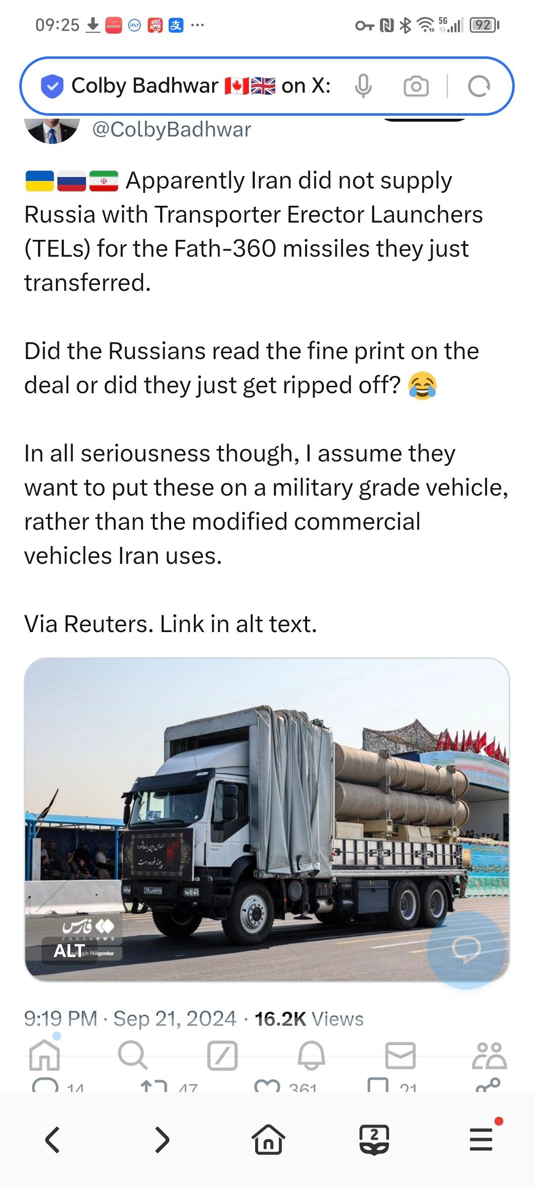 路透社：显然，伊朗没有向俄罗斯提供用于刚刚转让的 Fath-360 导弹的运输发
