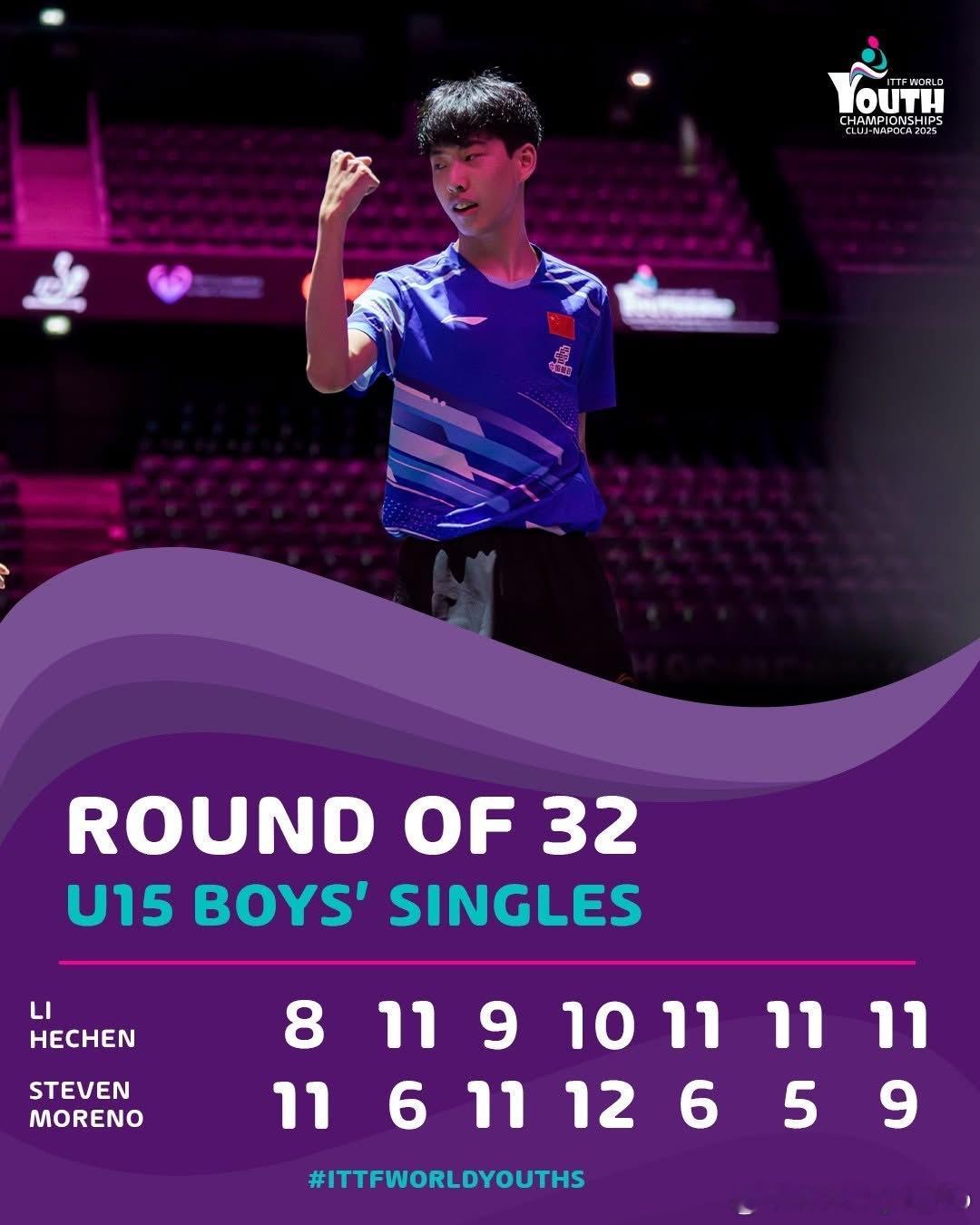 2025年国际乒联世青赛 U19男单1/16决赛🇨🇳李和宸4比3史蒂文·莫雷