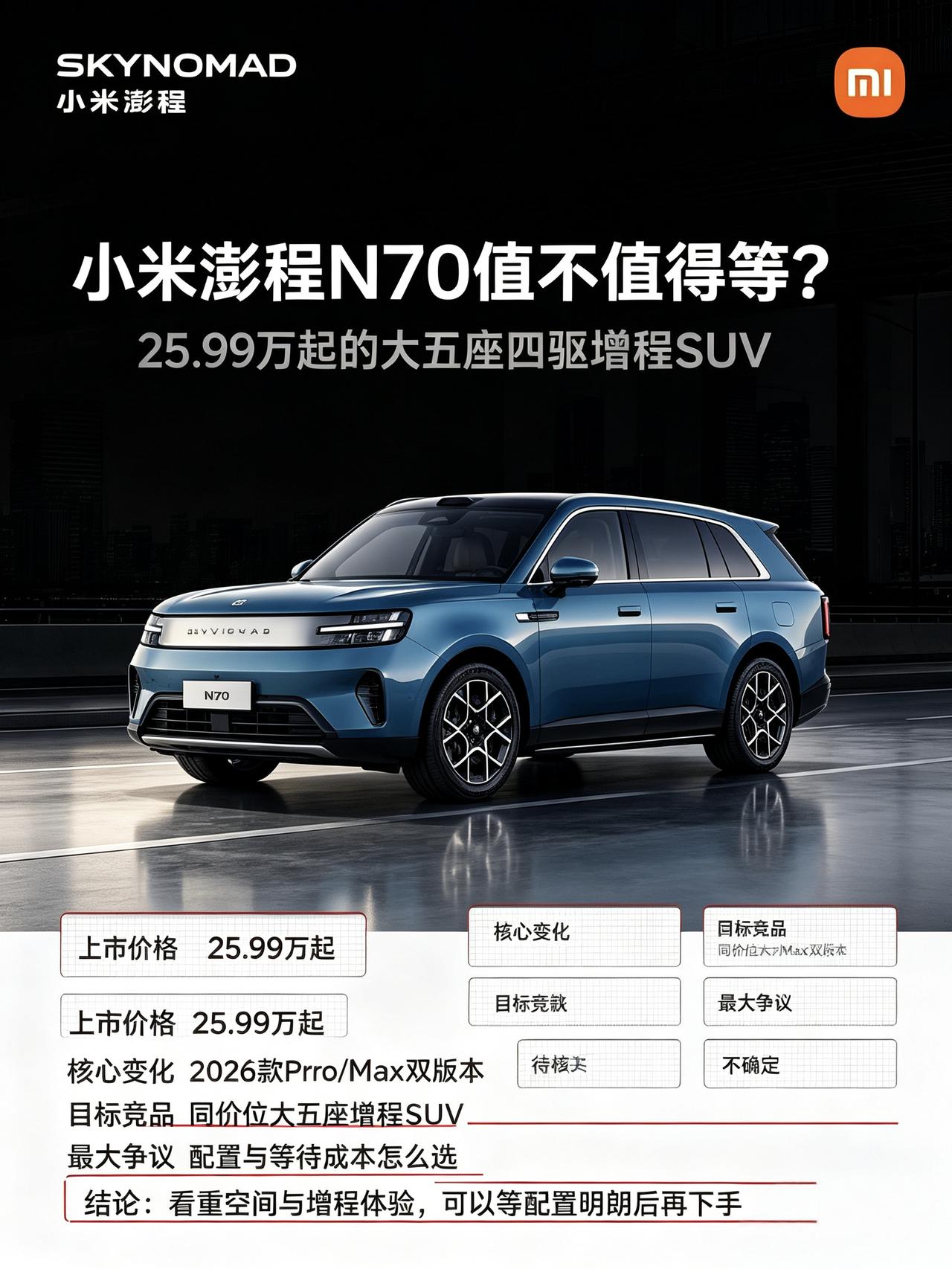 不变）
最近刷到小米澎程N70的消息，25.99万起的大五座四驱增程SUV，看完