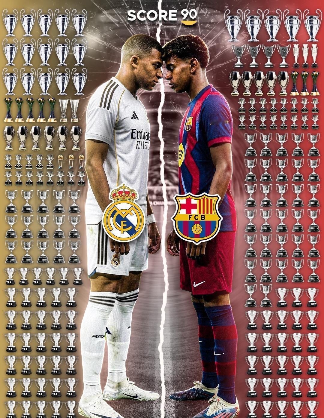 你发现没？两个10号站在荣耀的两端，左边是皇马的那件10号，右边是巴萨的10号。