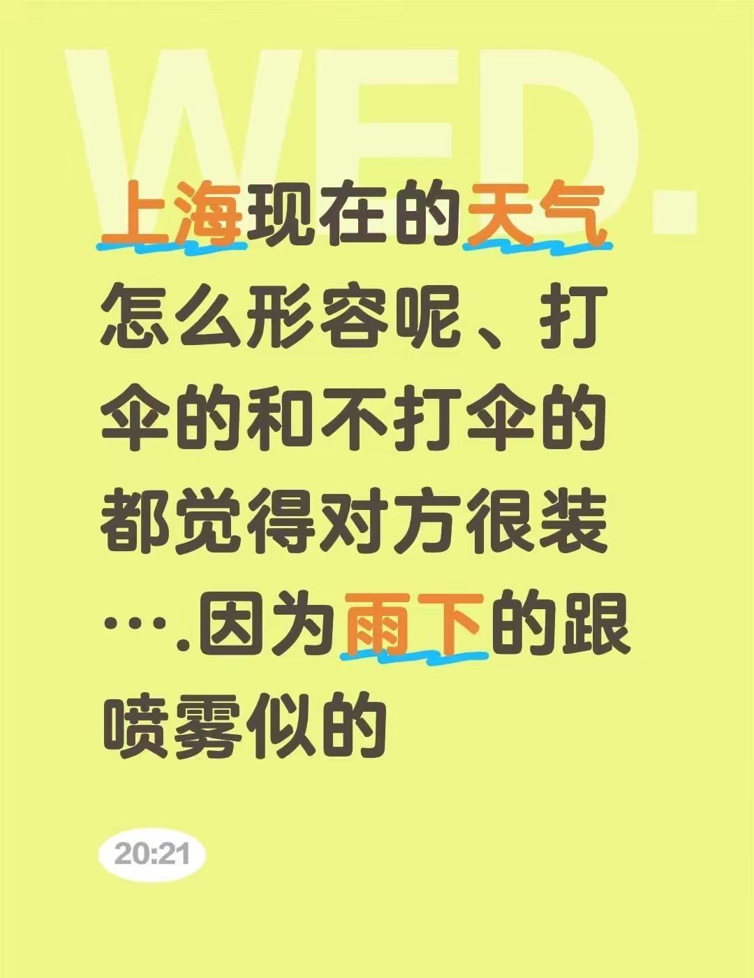 上海现在的天气怎么形容呢、打伞的和不打伞的都觉得对方很装….因为雨下的跟喷雾似的