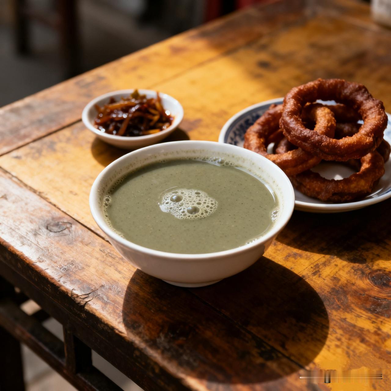 豆汁的美味，独特且层次丰富。初闻时，那淡淡的酸馊气似发酵后的酸菜汤，带着股独有的