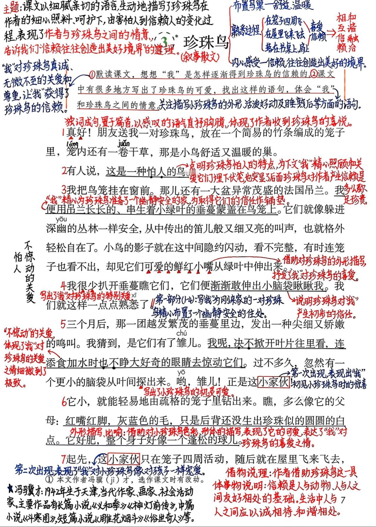 五年级上册语文，第一单元第3课《珍珠鸟》课堂学习笔记，收藏预习~