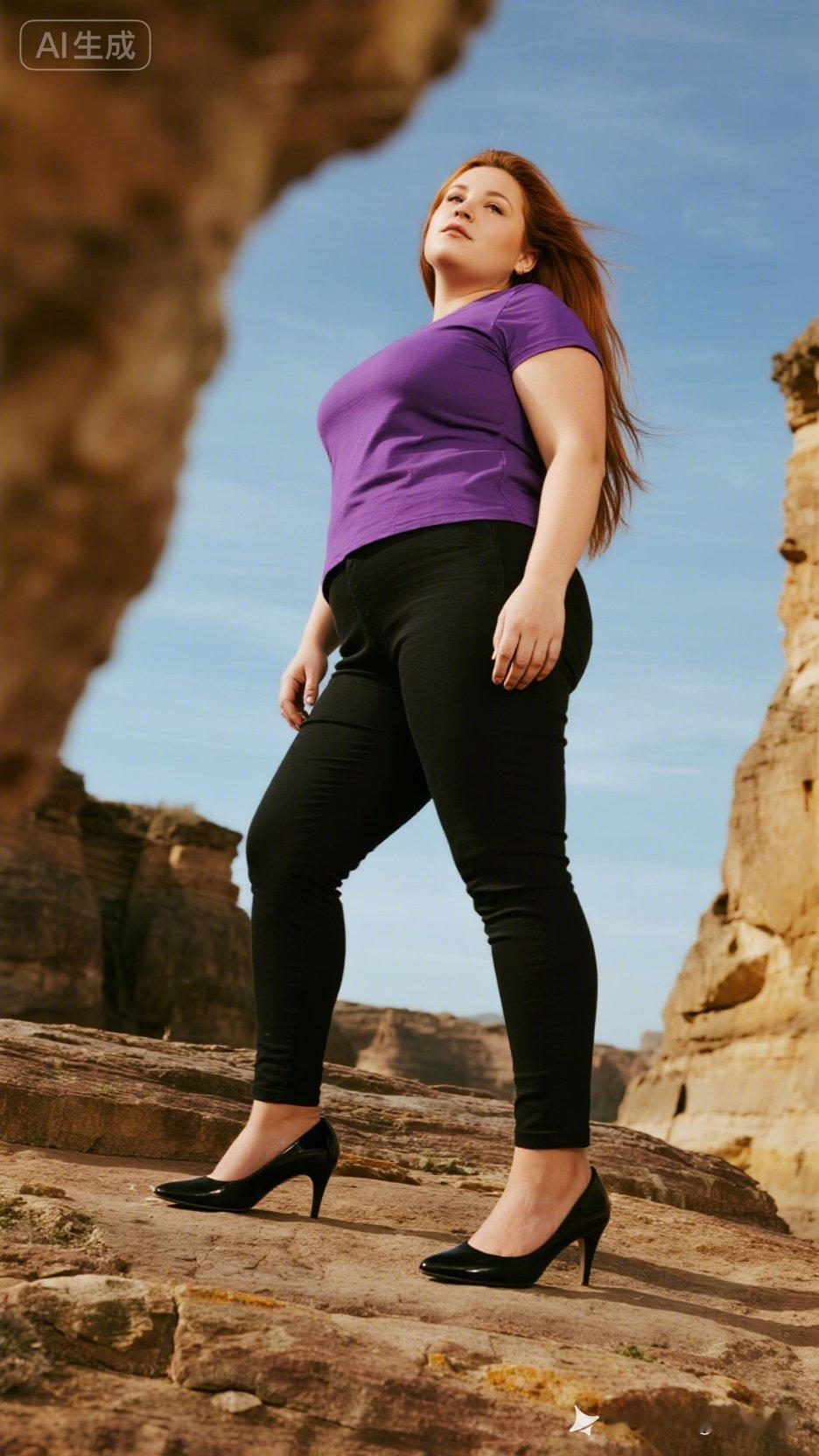 紫色上衣+黑色紧身裤，搭配高跟鞋，自信满满！