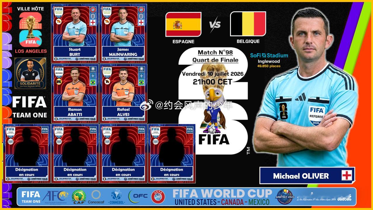 2026美加墨世界杯1/4决赛场序：98西班牙 - 比利时比赛时间：2026年7