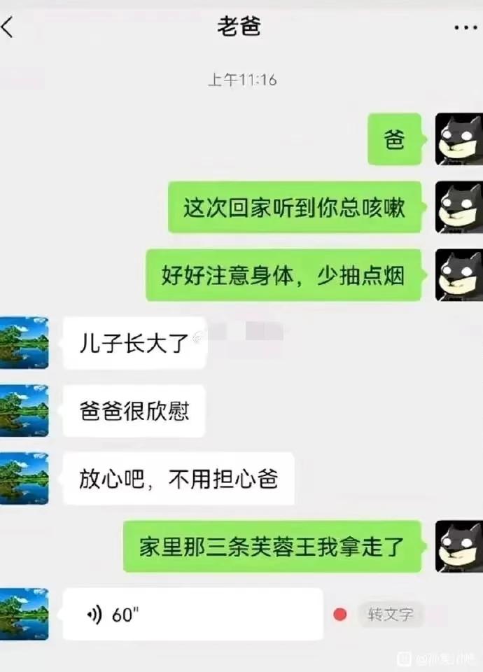 真正的父慈子孝，后面那60秒语音应该是老爸对儿子的关爱吧[笑哭]