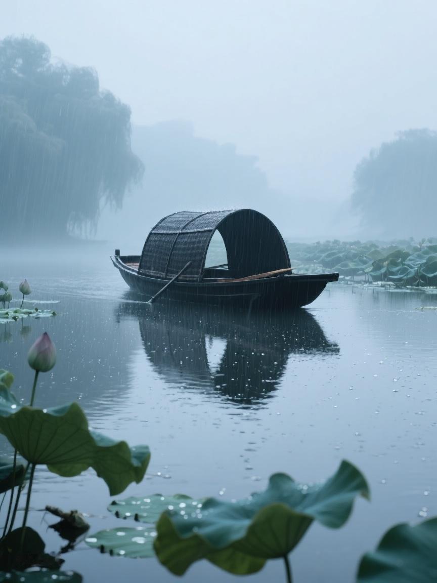 AI妙生图雾笼湖面，孤舟静泊，荷叶含露。在这静谧里，似能窥见时光的留白与生命的悠