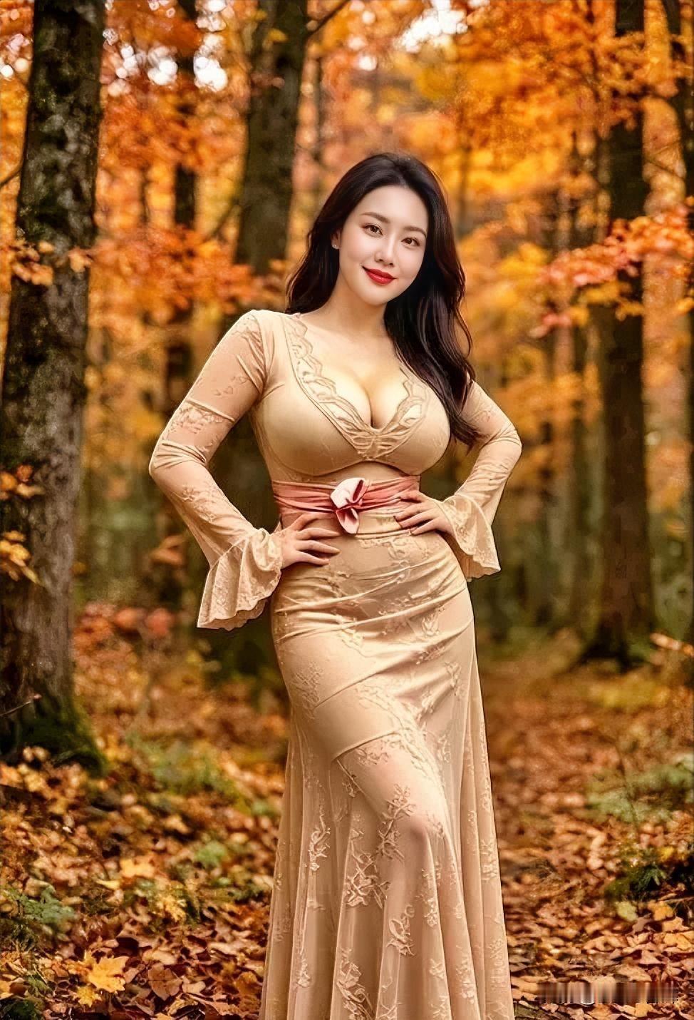 秋叶染暖，裙裾生花，笑意揽秋光。