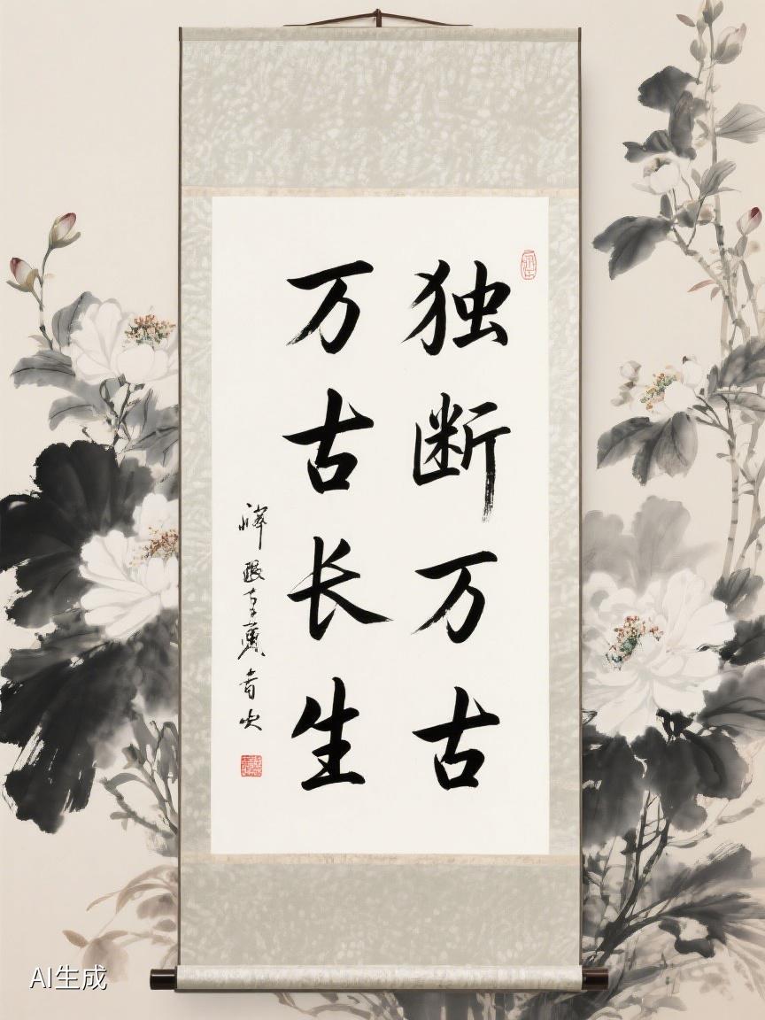 AI妙生图柔美飘逸的墨字于水墨百花间舒展，‘万古长生，独断万古’尽显古风韵味，传