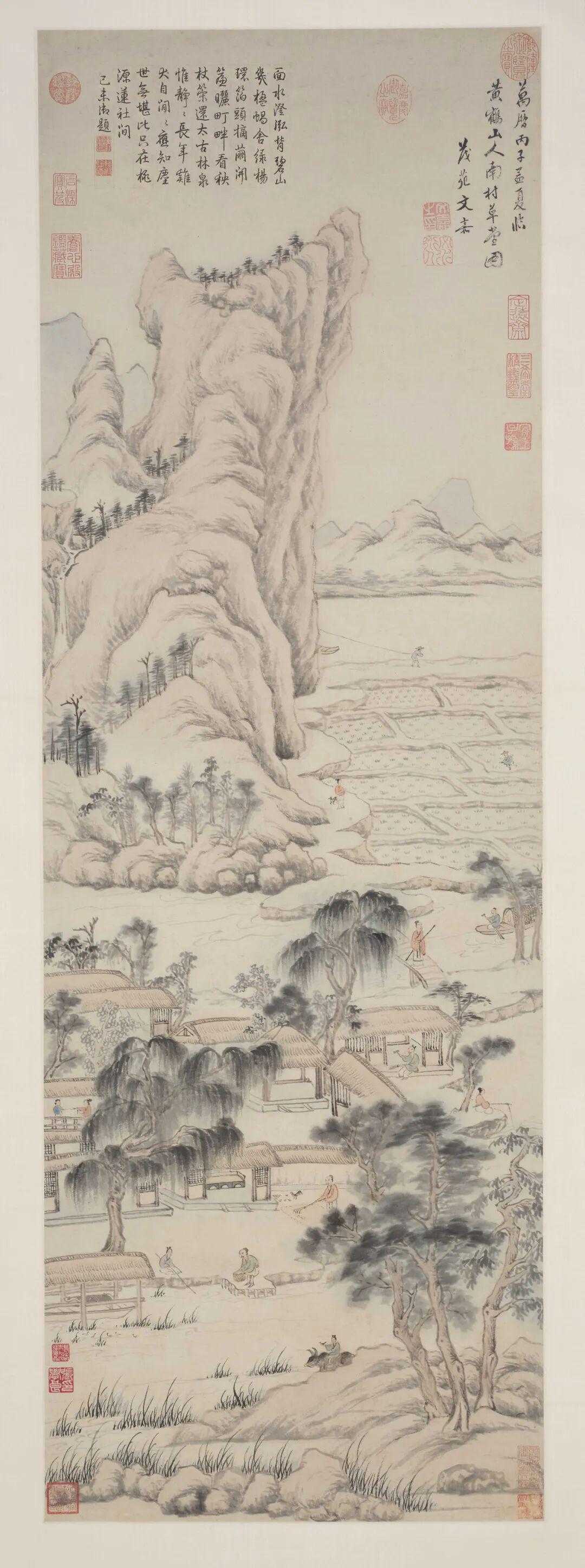 文嘉《南村草堂图》，设色纸本 132.4×44.7cm。款识：万历丙子孟夏临黄鹤