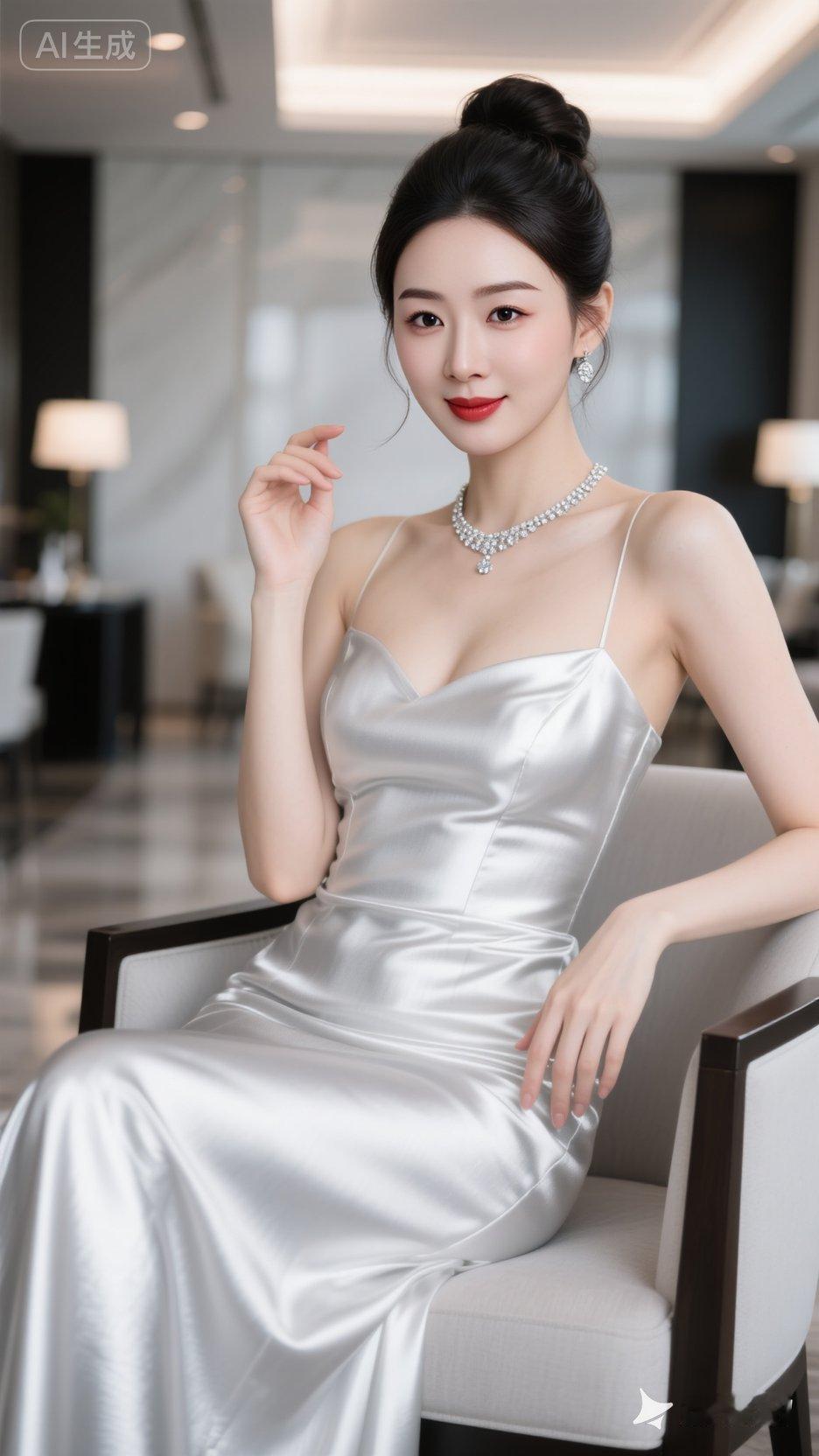 御姐气质，高贵，端庄，秀丽，身穿高档礼服，颜色银色白纱质，环境高端大气上档次，会