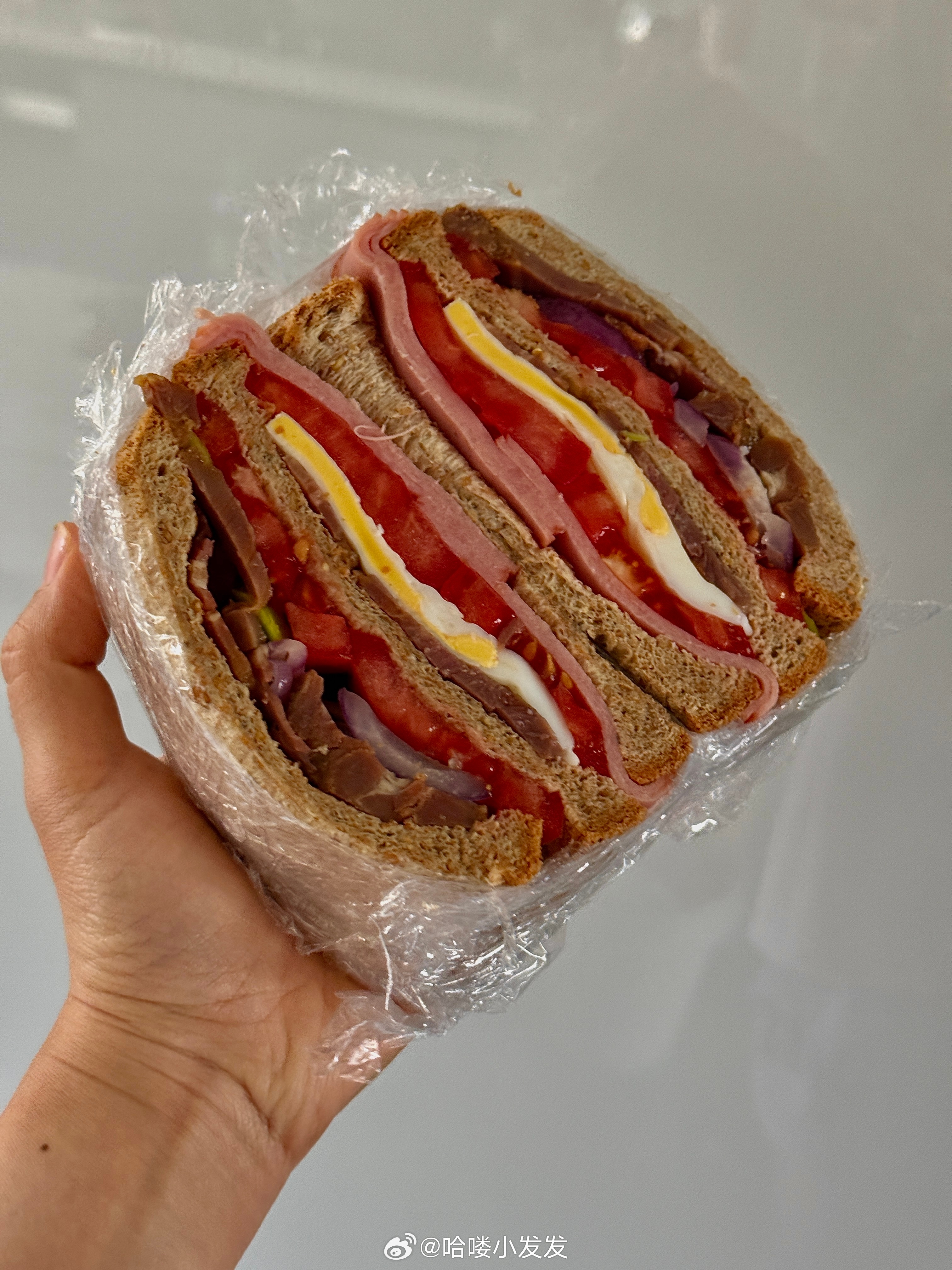 中午又一个XL号的三明治牛肉火腿煎蛋黄瓜番茄洋葱三明治减脂餐我的美食日记不可辜负