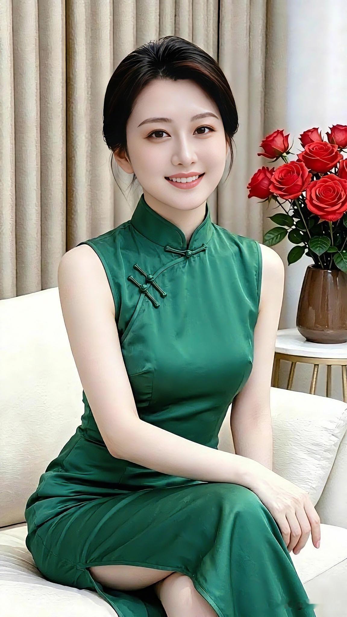 墨绿无袖旗袍，温婉雅致，自带东方韵味。静坐沙发，浅笑安然，岁月沉淀下来的温柔，最