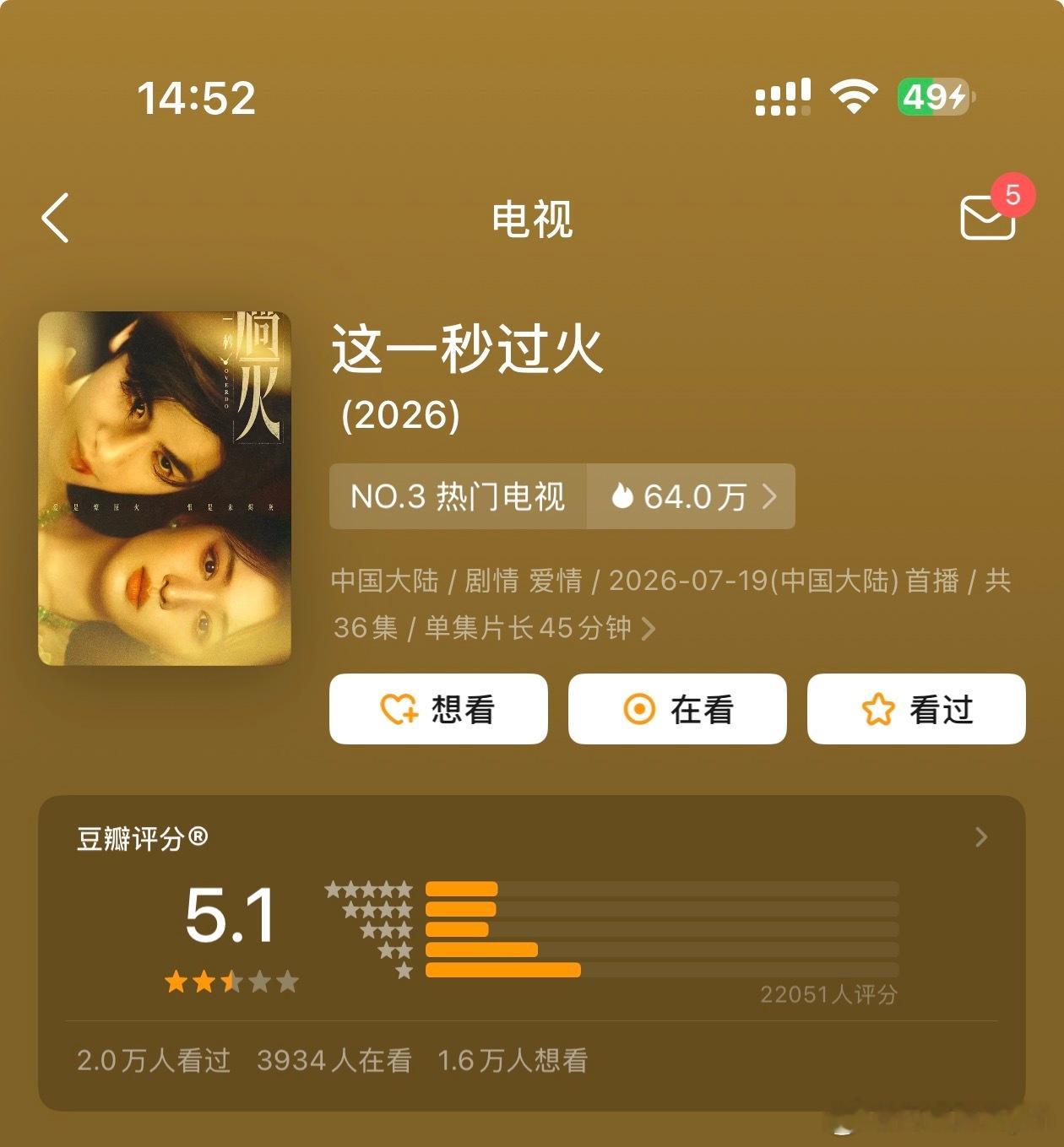 王楚然 张凌赫 《这一秒过火》开分5.1分，你们觉得高了还是低了
