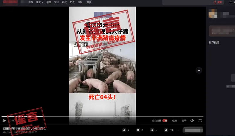 【#重庆云阳发生非洲猪瘟疫情系谣言#】据重庆辟谣：12月8日，有网民在互联网平台