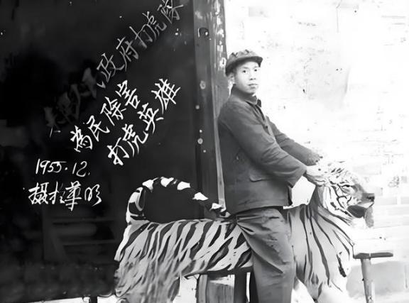 1955年，一张湖南耒阳的老照片留下了特殊的一幕。照片里，一名青年坐在一头老虎背
