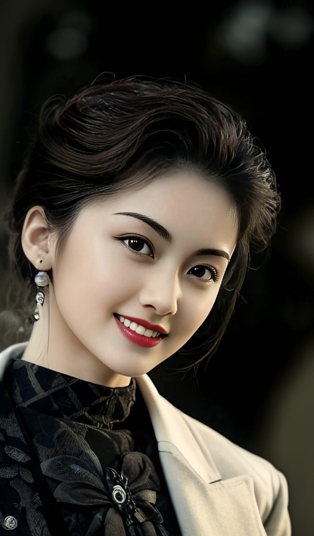 优雅黑裙与白西装，甜美笑容展风采