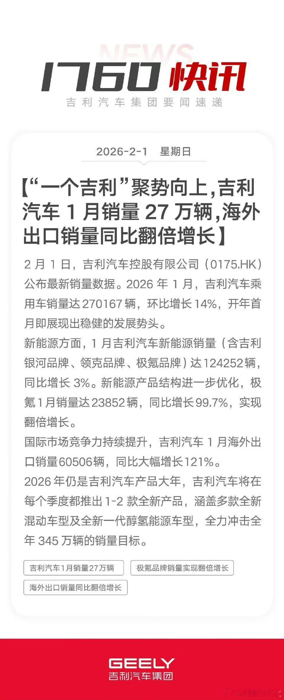 恭喜吉利超过比亚迪成为目前国内2026销量第一的车企今年又会是百花齐放、大吉大利