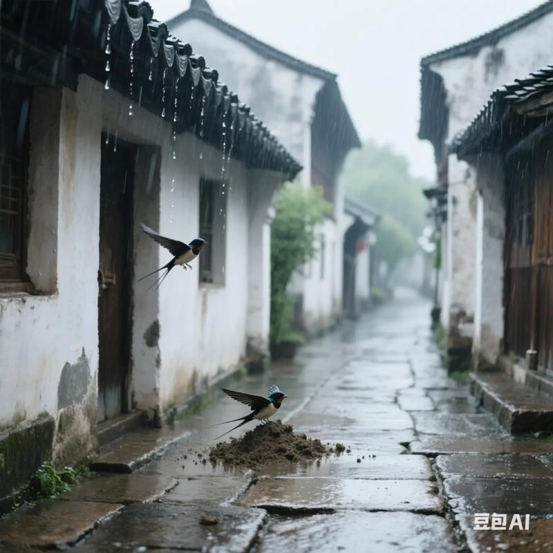 谢邀
上联：细雨悠悠敲旧瓦，
下联：轻烟袅袅绕楼台，
下联：微风缓缓过新窗。