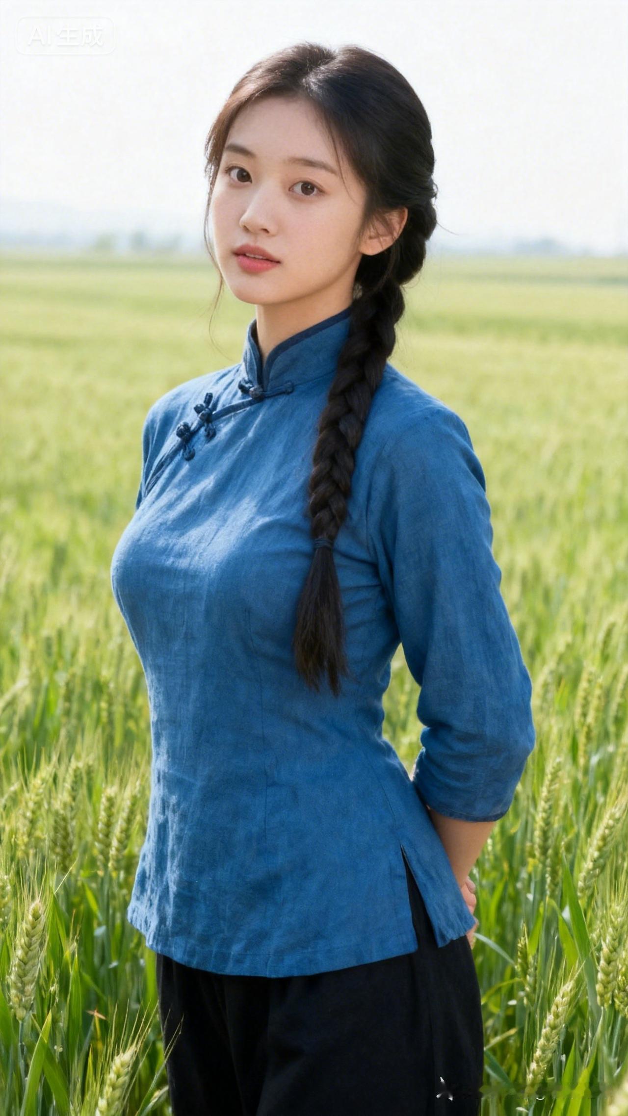 蓝衣少女田间立，微风拂面笑语生。