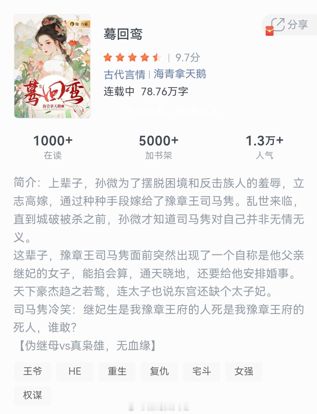 《蓦回鸾》作者：海青拿天鹅上辈子，孙微为了摆脱困境和反击族人的羞辱，立志高嫁，通