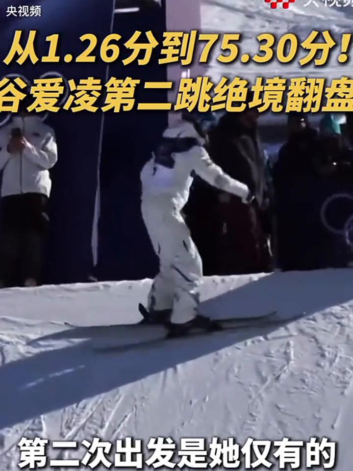 从1.26分到75.30分，谷爱凌第二跳绝境翻盘。
第二次出发是她仅有的向决赛冲