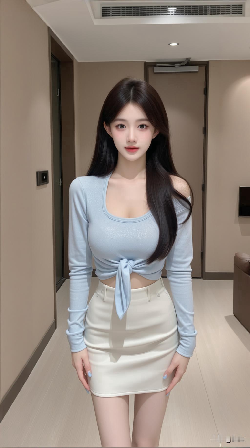 清新甜美穿搭，浅蓝色上衣+米色短裙，少女心满满！