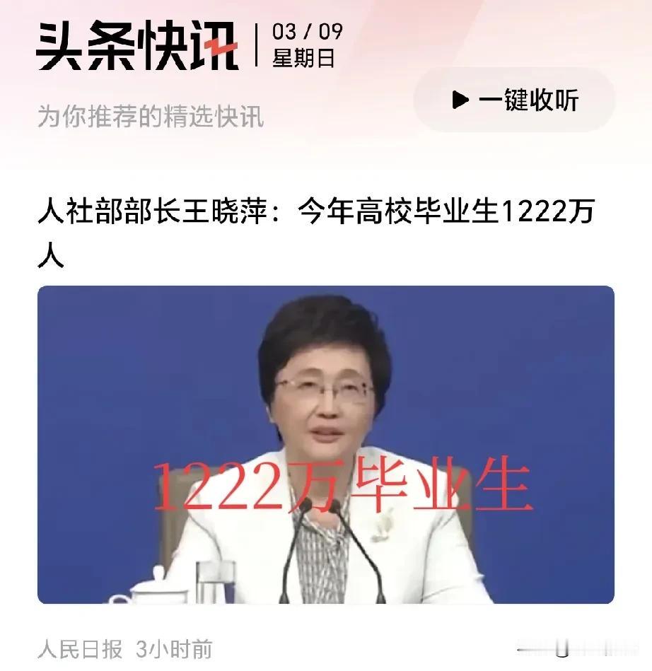 人社部部长王晓萍说，今年高校毕业生1222万人…
而这1200多万毕业生，有多少