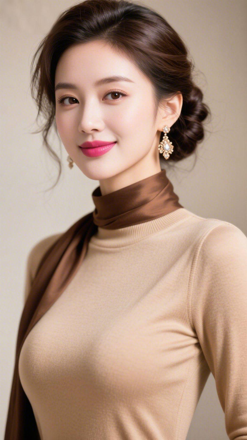 《暖棕饰的轻雅质感》
 
浅棕针织裹着细密肌理，颈间缎带如揉开的焦糖，衬出温软层