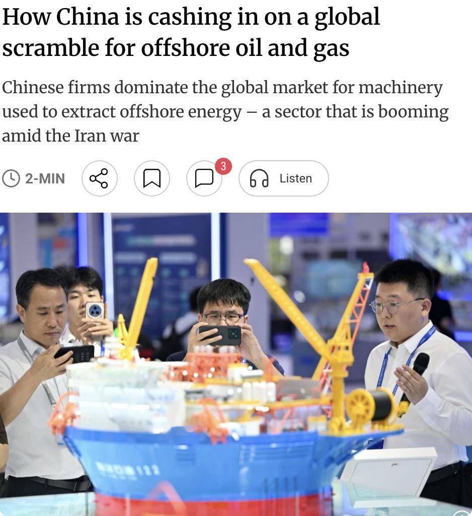 外媒：全球化石燃料价格上涨推动了海上油气投资激增，中国企业正从中获益。

中国占
