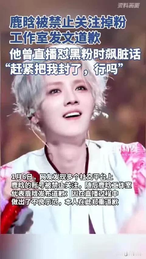 鹿晗社交平台粉丝骤减，源于直播不当言行受罚。工作室道歉，但粉丝数未回升。公众人物