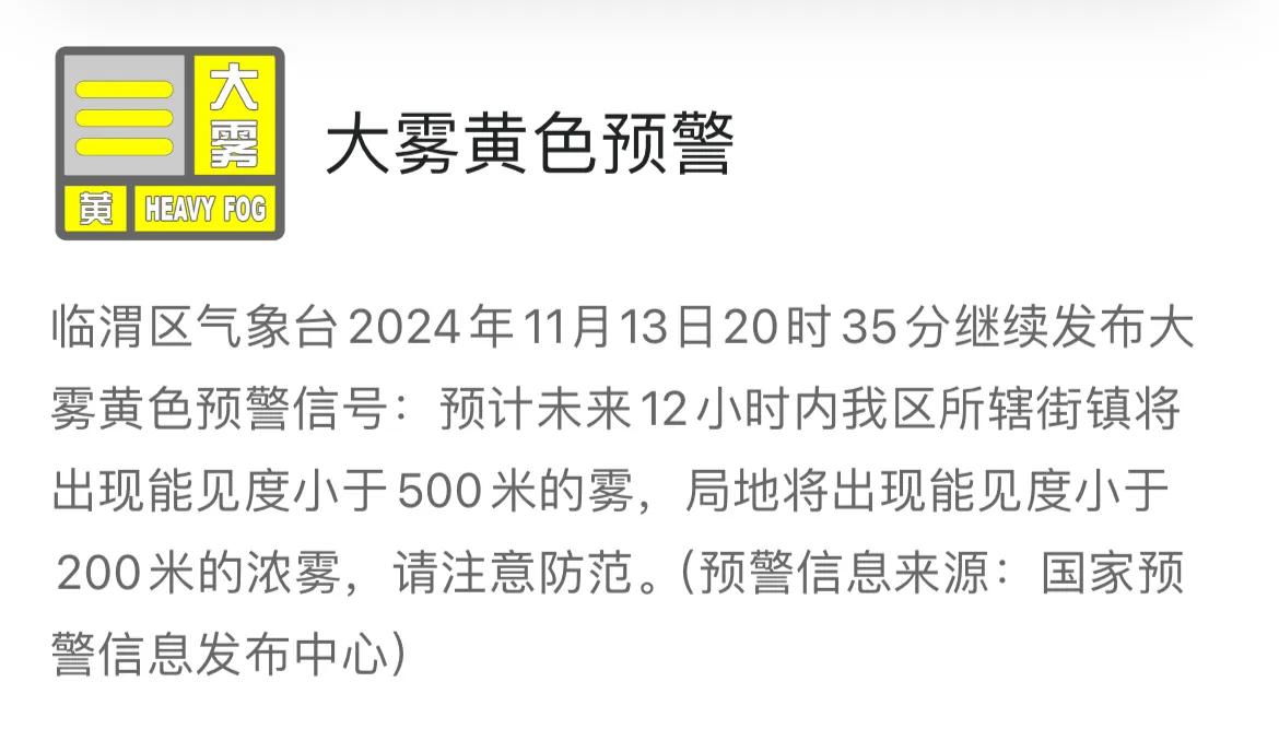 临渭区气象台2024年11月13日20时35分继续发布大雾黄色预警信号：预计未来