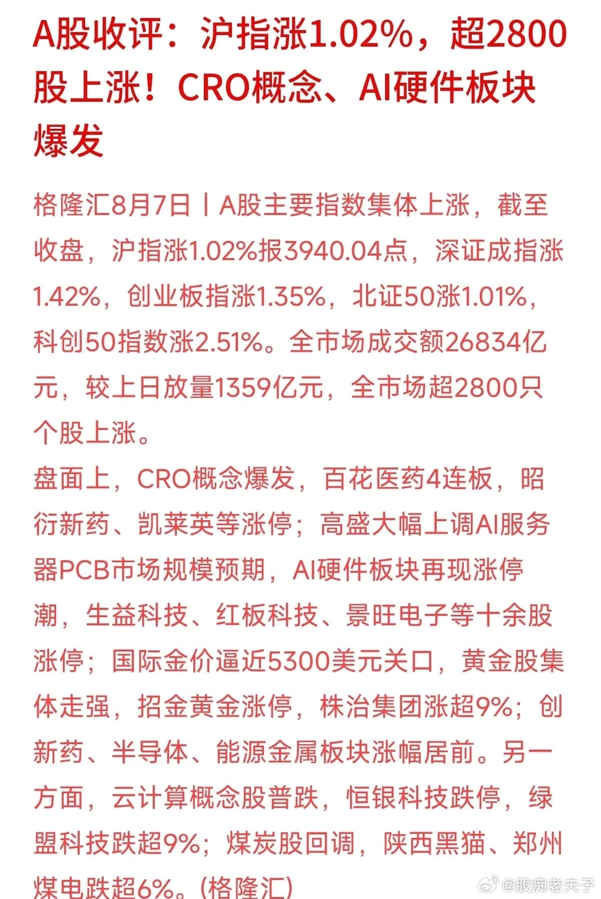 今天A股收盘，沪指站上了3940点，2800多只个股飘红，估计不少关注大科技和医
