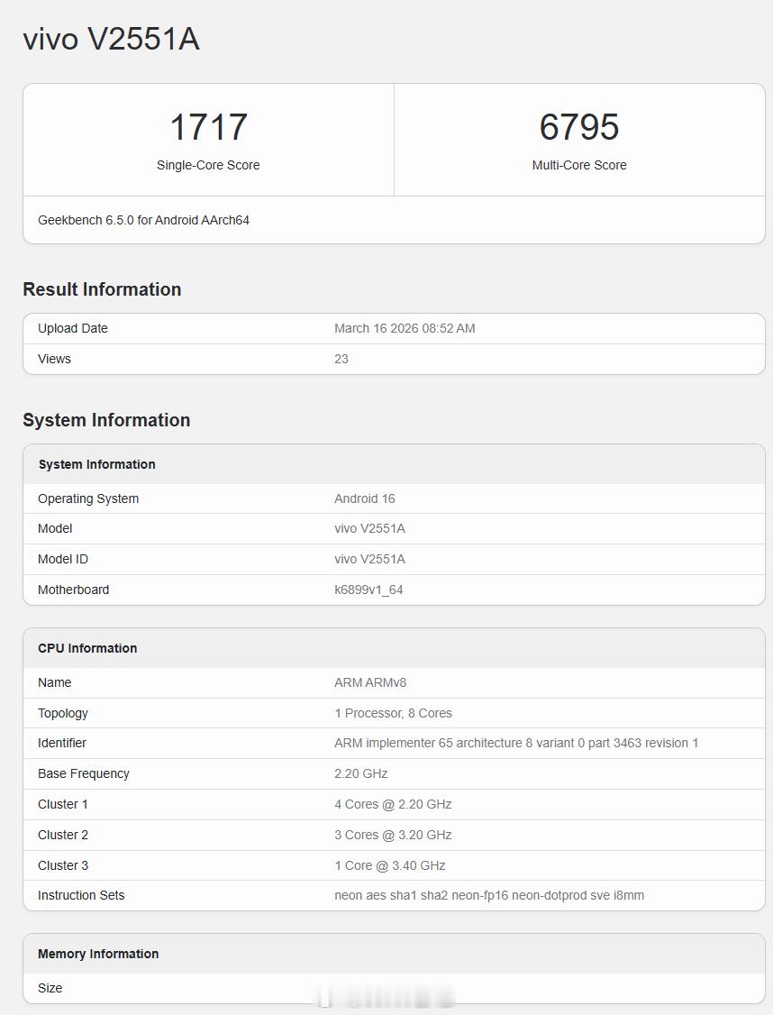 iQOO Z11 的 GeekBench6 跑分出炉，搭载天玑 8500，单核 