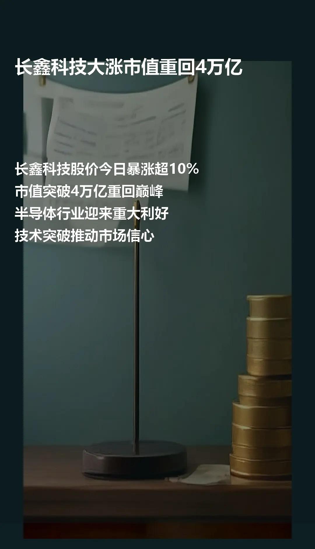 长鑫科技大涨市值重回4万亿。今日长鑫科技股价暴涨，市值重回4万亿，半导体行业迎来
