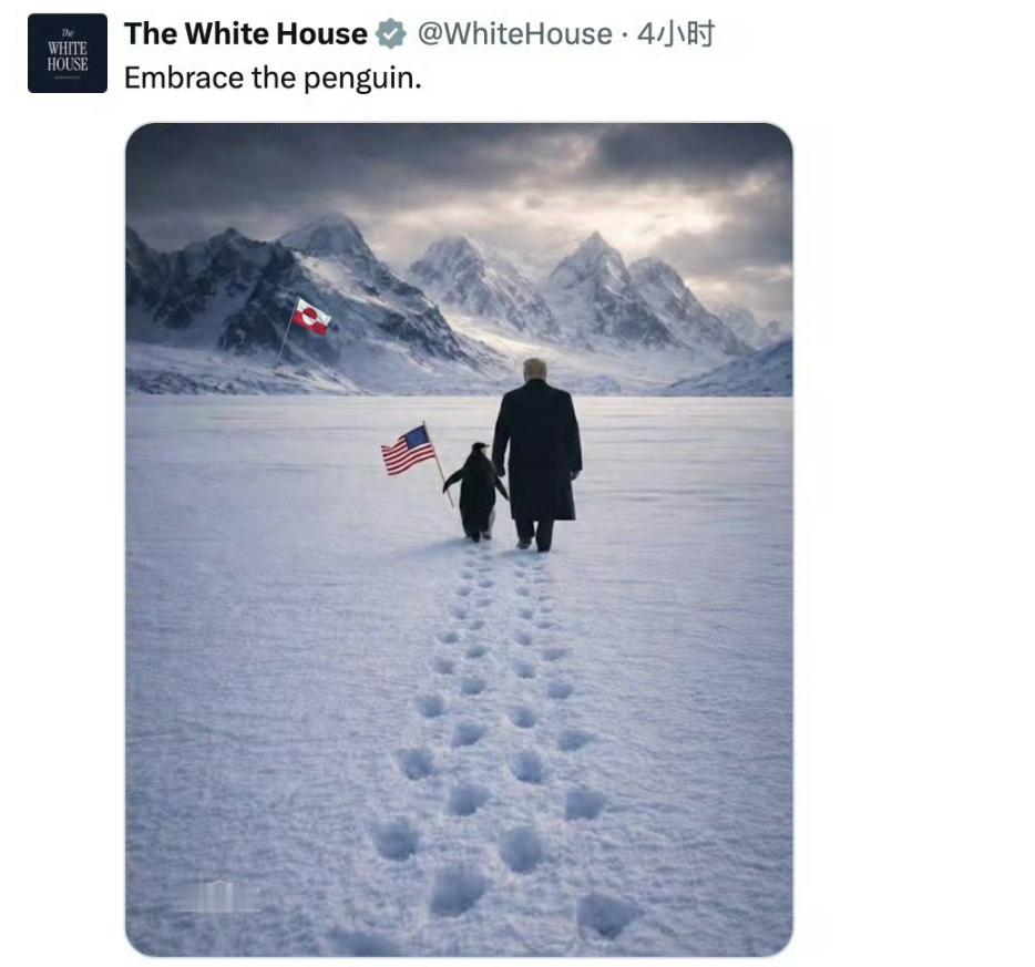 白宫晒特朗普格陵兰牵企鹅照翻车虽然错了，但老头儿流量这不就来了么他是懂王懂流量的