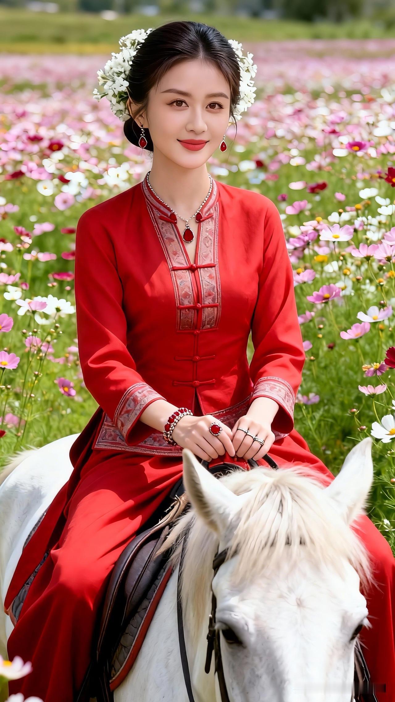 红衣美人骑白马，花海中尽显芳华。一眼沦陷的神级美图 她骑着白马，花丛中好惊艳！