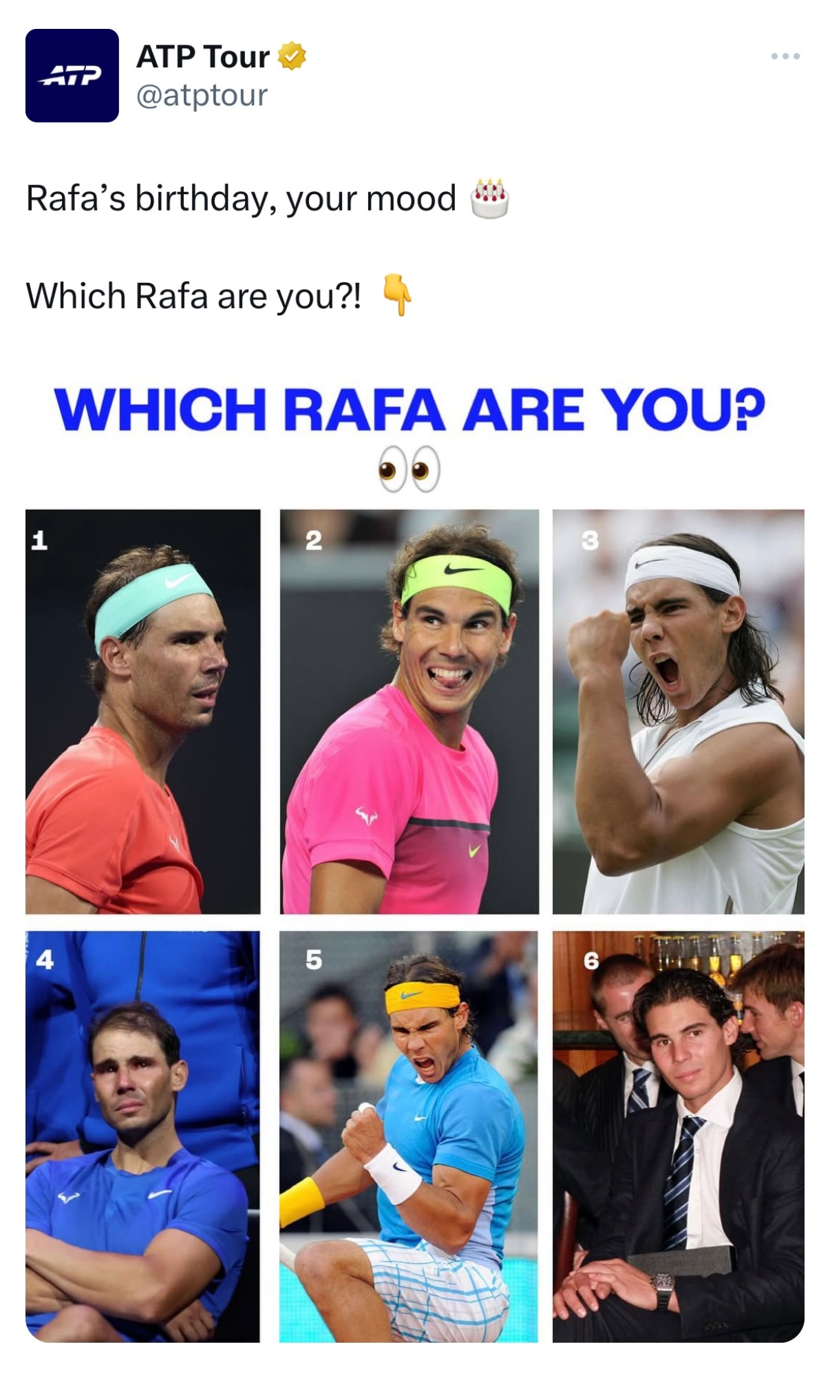 法网、ATP以及Tennis TV在社媒发图为纳达尔送上40岁的生日祝福 Vam