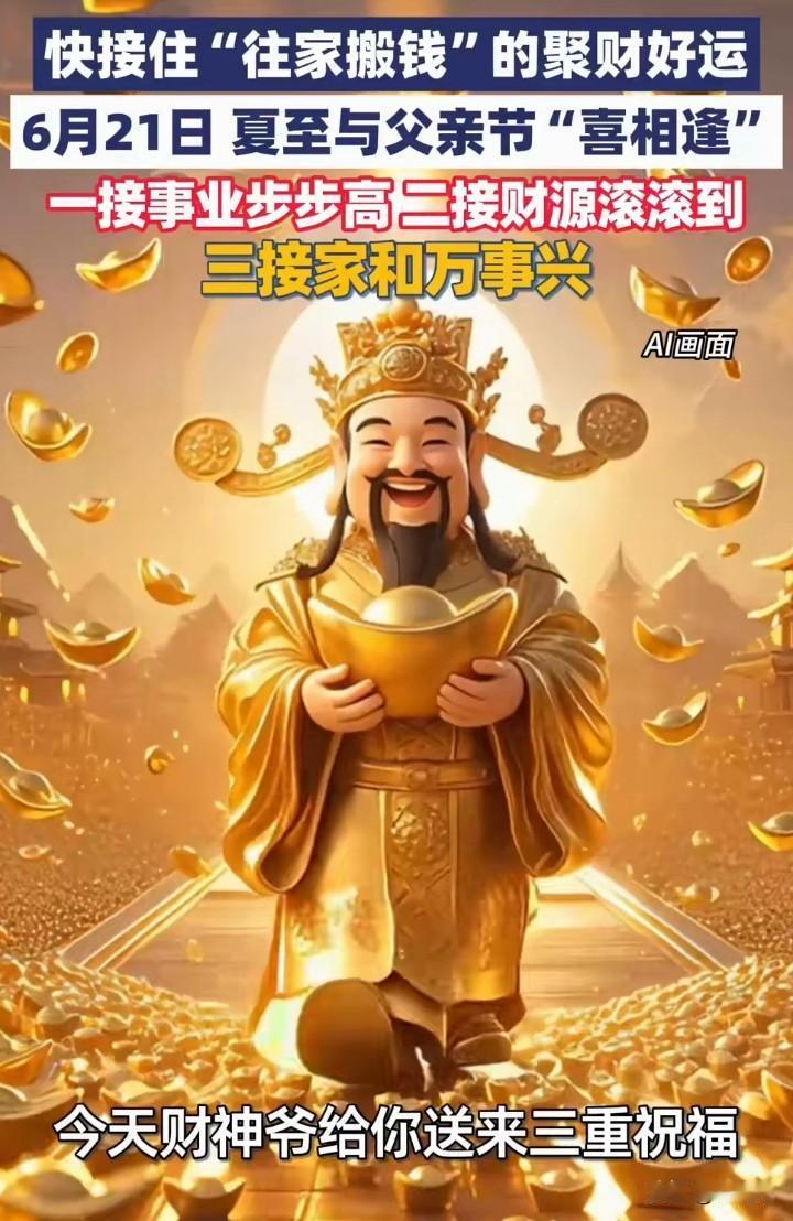 快接住这份“往家搬钱”的聚财好运！6月21日夏至与父亲节喜相逢，日子里藏着双倍的